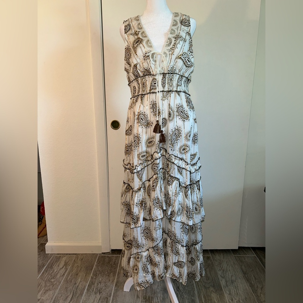 Brown and White Tiered Maxi Dress with Gold Treading